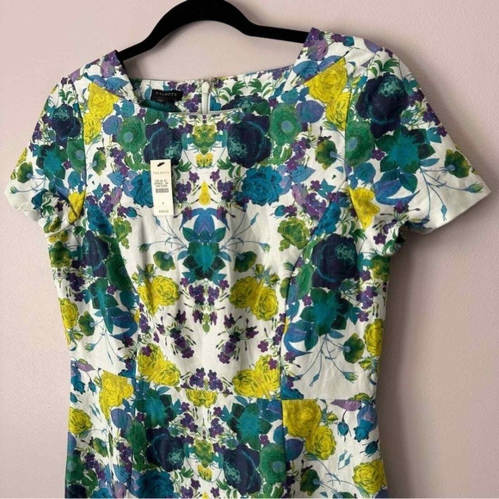 NWT Talbots Size 4 White and Blue Floral Linen Blend Short Sleeve Dress - Picture 2 of 8